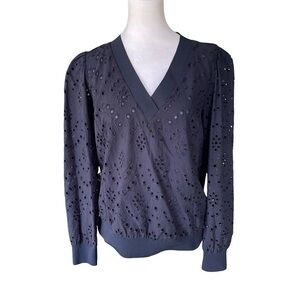 Express Navy Blue Eyelet Long Sleeve V-Neck Top Size Medium